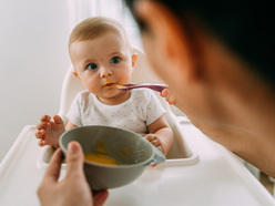 Baby sitting in a highchair and being fed puree from a bowl